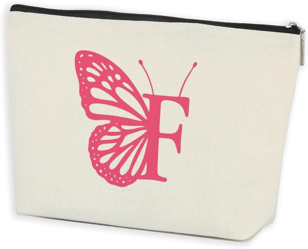 Initial Makeup Bags for Women Lined Monogram Cosmetic Bag Birthday Gifts for Women Girls Bridesmaid Best Friends Sisters, Travel Toiletry Bag, Pink Butterfly Letter F