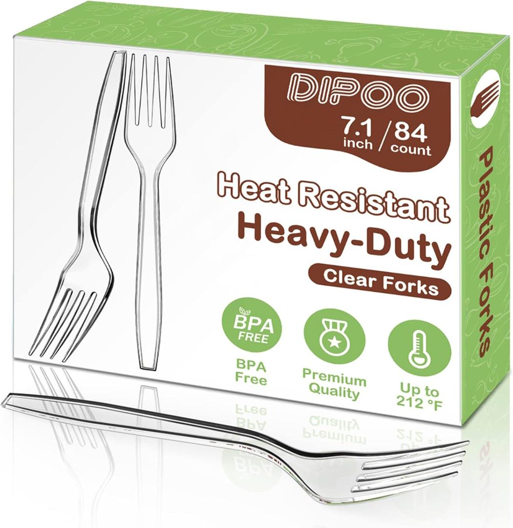 7.1" Clear Plastic Forks Heavy Duty with Heat Resistant & BPA Free, Solid and Durable Plastic Cutlery, Premium Disposable Forks for Party Supply(84 Count)