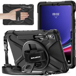 BRAECNstock for Samsung Galaxy Tab S10 Lite/ S10 FE/ S9 FE/ S9/ S8/ S7 5G Case 10.9"/11", Shockproof Protective Case with Pencil Holder, 360 Rotating Hand Strap & Stand, Shoulder Strap, Black (01 Black (Without Screen Protector))