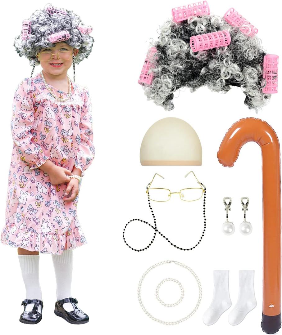 Aoiviss Old Lady Costume for Kids Girls 100th Day of School Costume Halloween Grandma Dress up Cosplay Accessories (4T-4, Pink)