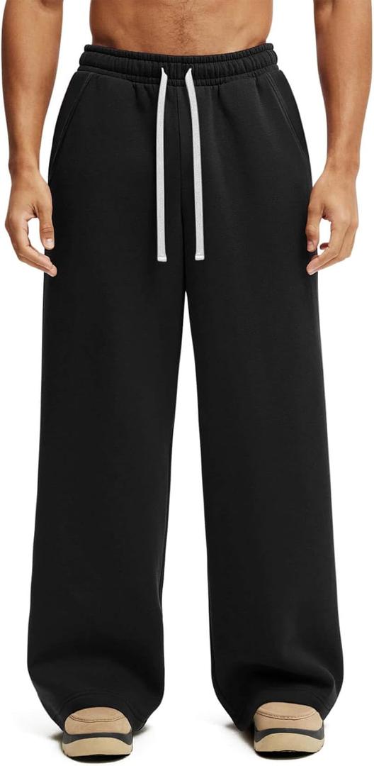 HeSaYep Men's Fleece Baggy Sweatpants Wide Leg Lounge Sweat Pants with Pockets (Large, Black)