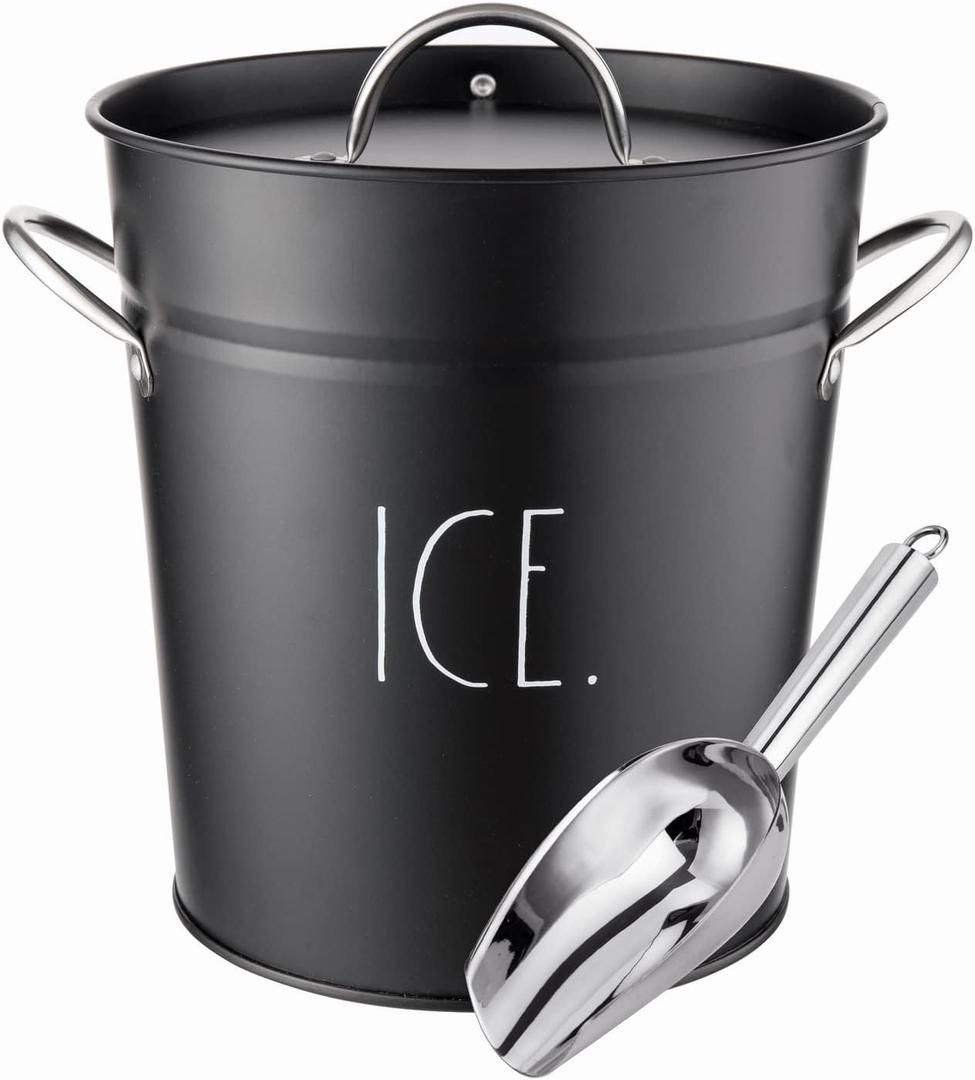 Rae Dunn Ice Bucket with Scoop - Stainless Steel Bucket with Handle, Lid and Ice Scooper - 4 Qt. Storage Bin for Ice Cubes for Bars, Parties, Backyard Barbeques, Picnics, and Camping (Black) (Medium)