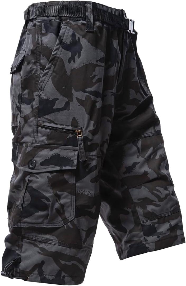 Mylldey Men's Cargo Shorts 3/4 Relaxed Fit Mens Running Shorts 7 Pockets Elastic Waist Cotton Hiking Shorts (Black Camo)