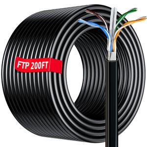 Cat 6 Outdoor Ethernet Cable 200ft ( 10 RJ45 ), FTP Cat 6 Shielded Cable Gigabit 23AWG, Heavy Duty, Direct Burial, Waterproof, In-Ground, UV Resistant LAN Internet Network Cable for Router Gaming, CCA (Black)