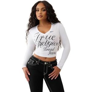 True Religion Women's Crystal Branded Logo V-Neck Baby Tee – Long Sleeve T-Shirt. MEDIUM