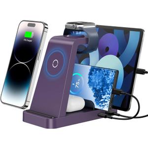 Wireless Charger for iPhone - 5 in 1 Charging Station for Multiple Devices Apple: Fast Wireless Charging Stand Dock for iPhone 17 16e 16 15 14 13 12 Pro Max Apple Watch Airpods (Purple)