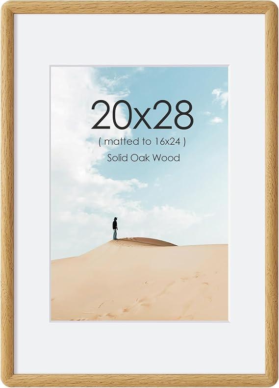20x28 Solid Oak Wood Picture Frame for Wall,20x28 Wood Photo Frame Matted to 16x24 Photos,20 x 28 Poster Frame with Tempered Glass, Curved Wooden Picture Frames for Wall Art Photo and Prints