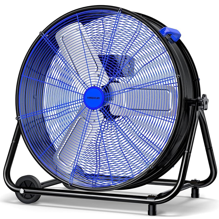 24 Inch Industrial Drum Fan, 320W High Velocity Floor Fan, 3 Speed Heavy Duty Metal Air Circulator, 360° Tilt with Casters Handle ETL Standard for Patios, Warehouse, Commercial,Basement (Blue)
