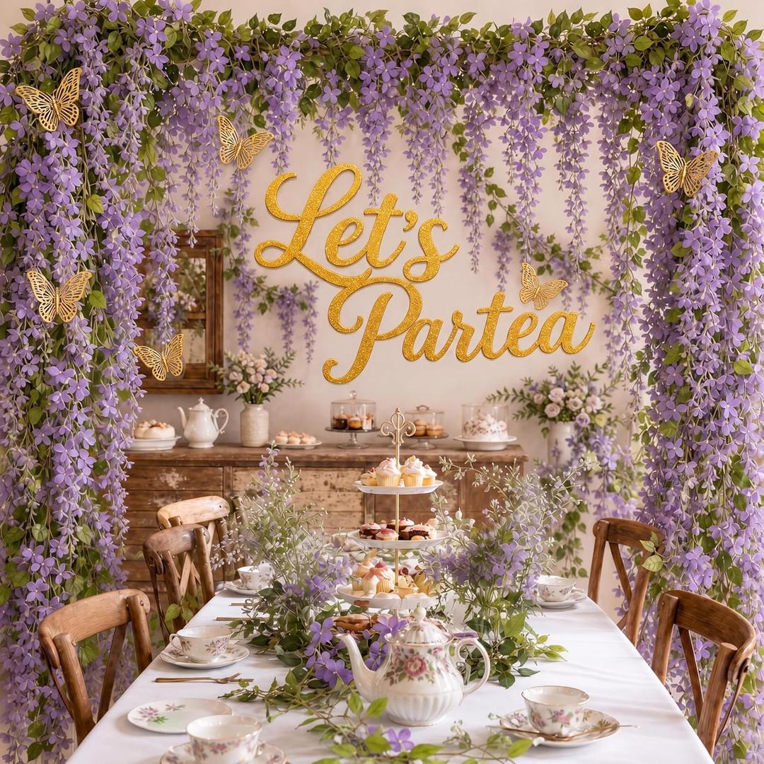 21 Pcs Tea Party Decorations Kit Let's Partea Gold Glitter Banner 3 Sizes 3D Butterflies Artificial Purple Wisteria Garland for Birthday Baby Shower Wedding Bachelorette Princess Party Decors