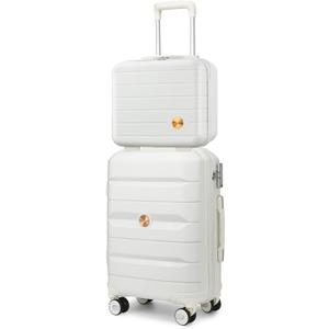 Somago 20" Carry On Luggage and 14" Mini Cosmetic Cases Travel Set Lightweight Polypropylene Suitcase with TSA Lock YKK Zipper Hardside Luggage with Spinner Wheels (2 Piece Set, Creamy White)