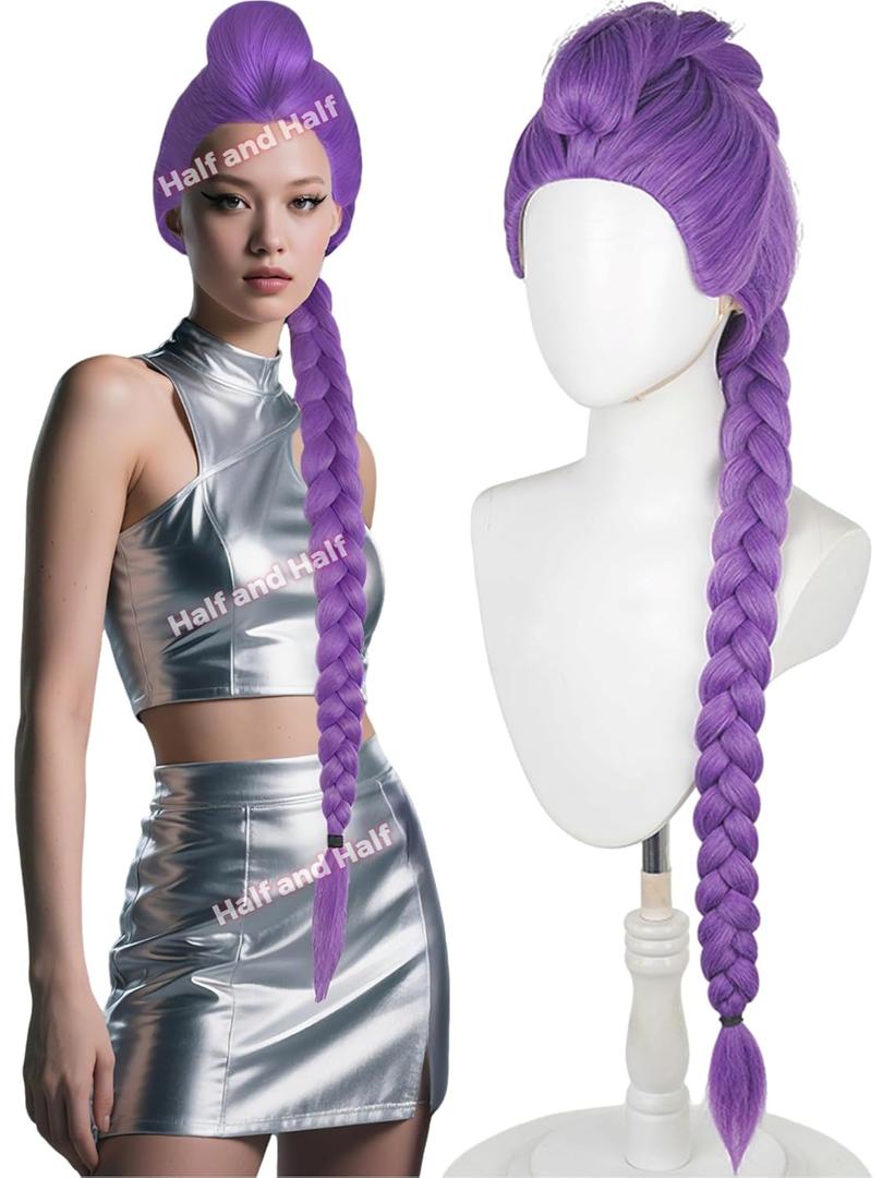Half and Half Long Purple Braid Ponytail Wig 41.3'' Pre-styled Purple Braided Anime Cosplay Wig for Women Party Halloween Costumes Movie Cos