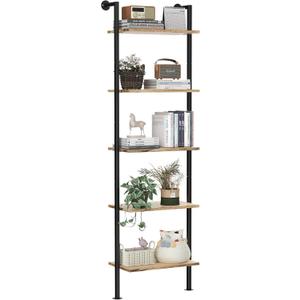 5-Tier Solid Wood Bookshelf, Narrow Ladder Display Shelf, Rustic Brown - Wall Mount, Industrial Style, Storage Solution for Living Room & Bedroom (Rustic Brown)