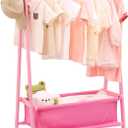 Kids Clothing Rack with Storage, Dress Up Rack, Child Clothes, Small Garment, for Costume, Bamboo (Pink)