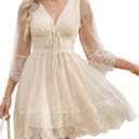 Florboom Women's Summer Boho Lace Patchwork Mini Dresses Deep V Neck Somcked Back Dress- Vacation, Wedding Guest (Beige, XL)