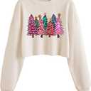 ZKDOO Women Christmas Tree Crop Sweatshirt Funny Xmas Graphic Lantern Long Sleeve Pullover Winter Holiday Family Matching Top (Small)