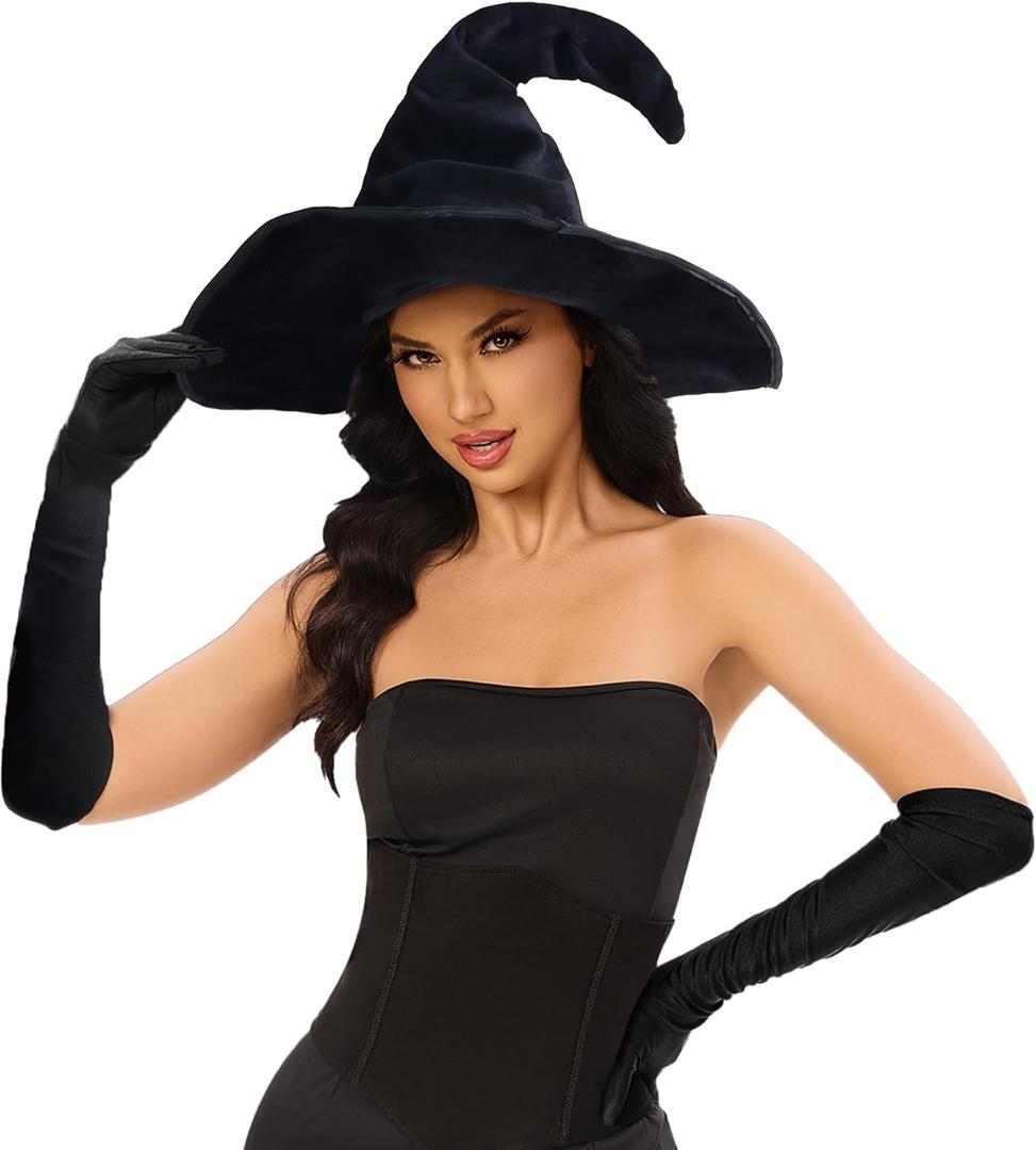 Srnede Witch Hat Women For Halloween Wizard Hat Cosplay Accessories Black Adult Costume with Black Gloves