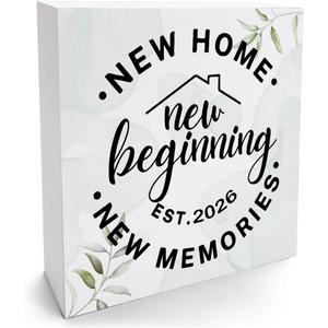 2 x HTBIG House warming Gifts New home, Best Housewarming gifts 2026, Home sweet Home sign, Funny New Home New Memories Ideas Wooden Box Sign Home Living Room Shelf Desk Decoration Gifts 5x5 IN White