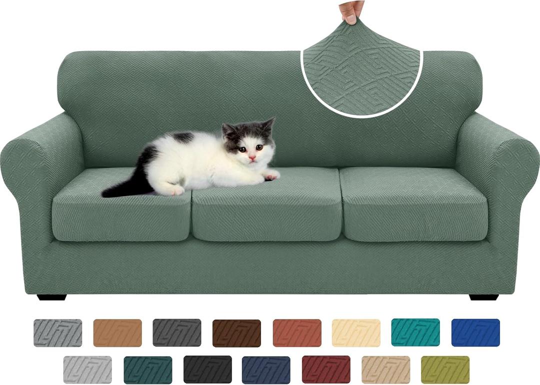 XINEAGE New 4 Pieces Couch Covers for 3 Cushion Couch Super Stretch Thick Soft Sofa Cover Anti Slip Sofa Slipcover Dogs Cats Furniture Protector (Pea Green, 71"-91")