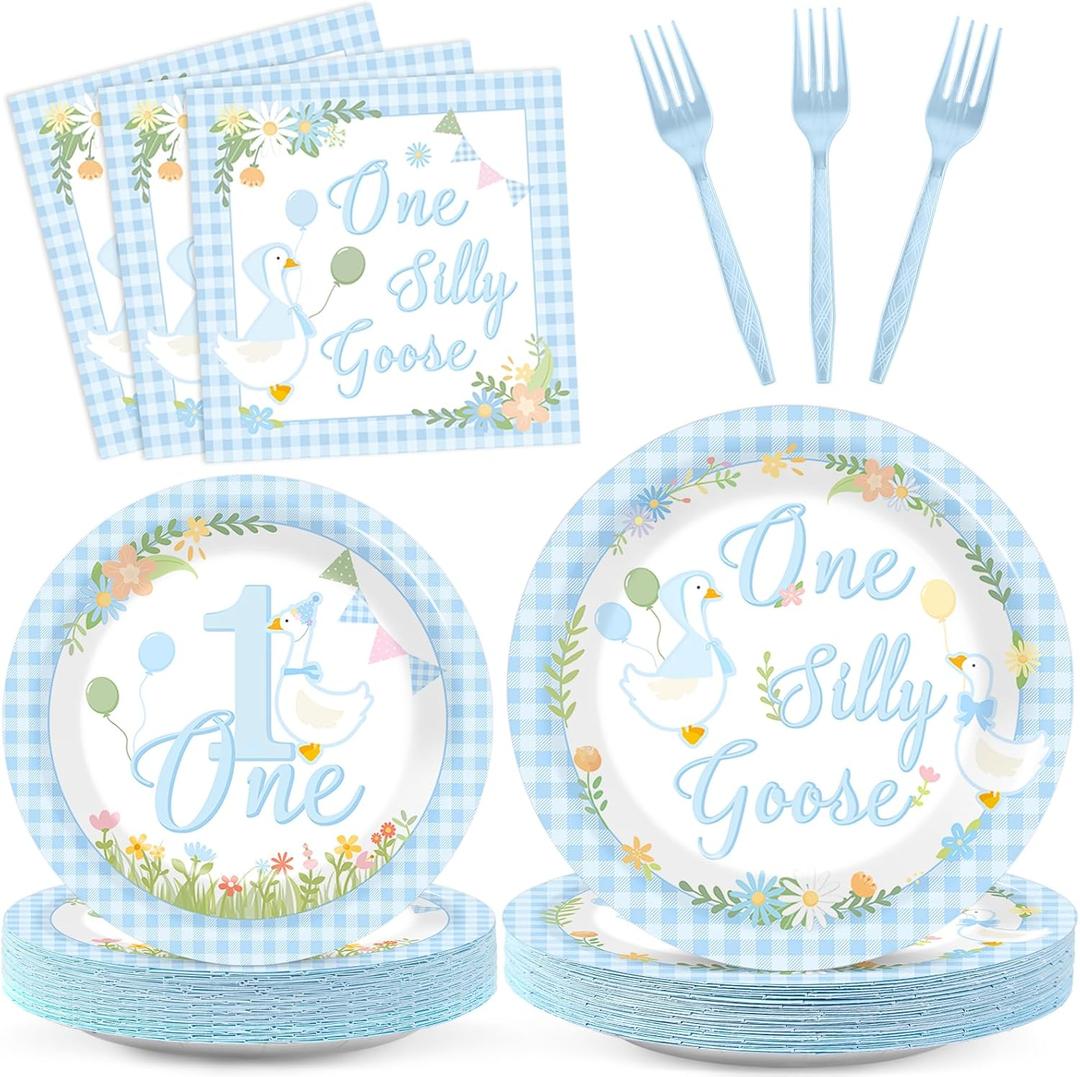 96Pcs One Silly Goose Birthday Party Decoration Silly Goose 1st Birthday Disposable Plates and Napkins Blue Geese Tableware Dinnerware Supplies for Boys Baby Shower Party Favor Serve 24