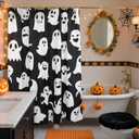 Shower Curtain Set 72x72 Inch Gothic Ghost Floral Design, Black & White Fabric Bathroom Curtain with Hooks and Ghosts Decor for Bathroom
