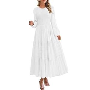 PRETTYGARDEN Crew Neck Long Sleeve Dress for Women Wedding Guest Smocked High Waist Flowy Long Maxi Dresses with Pockets (White, Small)