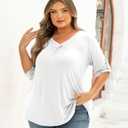 FOLUNSI Womens Plus Size 3/4 Roll Sleeve Blouses V Neck Casual Tunic Tops (White, XL)