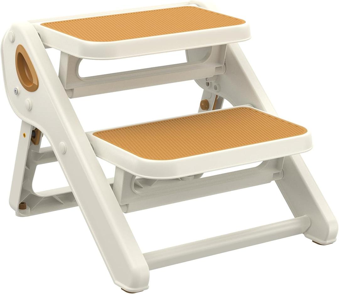 Toddler Step Stool, iNeibo 2-Step Foldable Step Stool for Kids, Widened & Thickened with Anti-Slip Design, Safer for Children Use for Kitchen, Bathroom, Toilet Training - Khaki