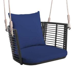 1-Person Wicker Porch Swing Patio Hanging Rattan Chair with Rope and Blue Zippered Cushions