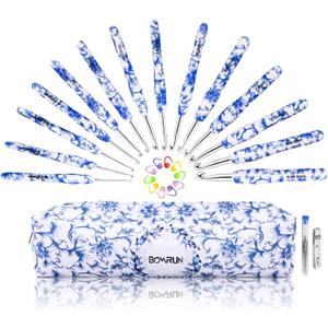 BCMRUN Crochet Hooks Set with Case 14 Size Blue and White Porcelain Pattern for Arthritis Hands, 2.25mm(B)-10mm(N) Crochet Needles for Beginners, Mothers Day Gift, Crochet Lovers (Azure)