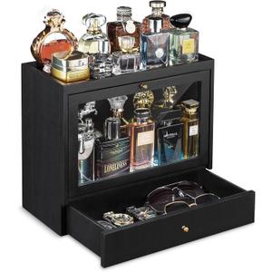 Emfogo Cologne Organizer for Men, Solid Wood Perfumes Organizer for Men Dresser, Large Capacity Dustproof Cologne Holder with Drawer Storage Perfume Stand Organizer, Ideal Gift for Loved ones