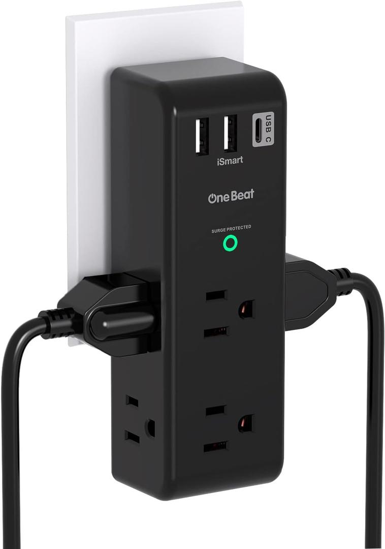 Surge Protector Outlet Extender with Rotating Plug, One Beat 6 AC Multi Plug Outlet with 3 USB Ports (1 USB C), 1800 Joules, 3-Sided Swivel Power Strip, Spaced Outlet Splitter for Dorm, Office, Black