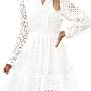 ZESICA Women's 2026 Long Sleeve Mini Dress Fall V Neck Hollow Out Eyelet Embroidery Ruffle A Line Swing Short Dresses,XL
