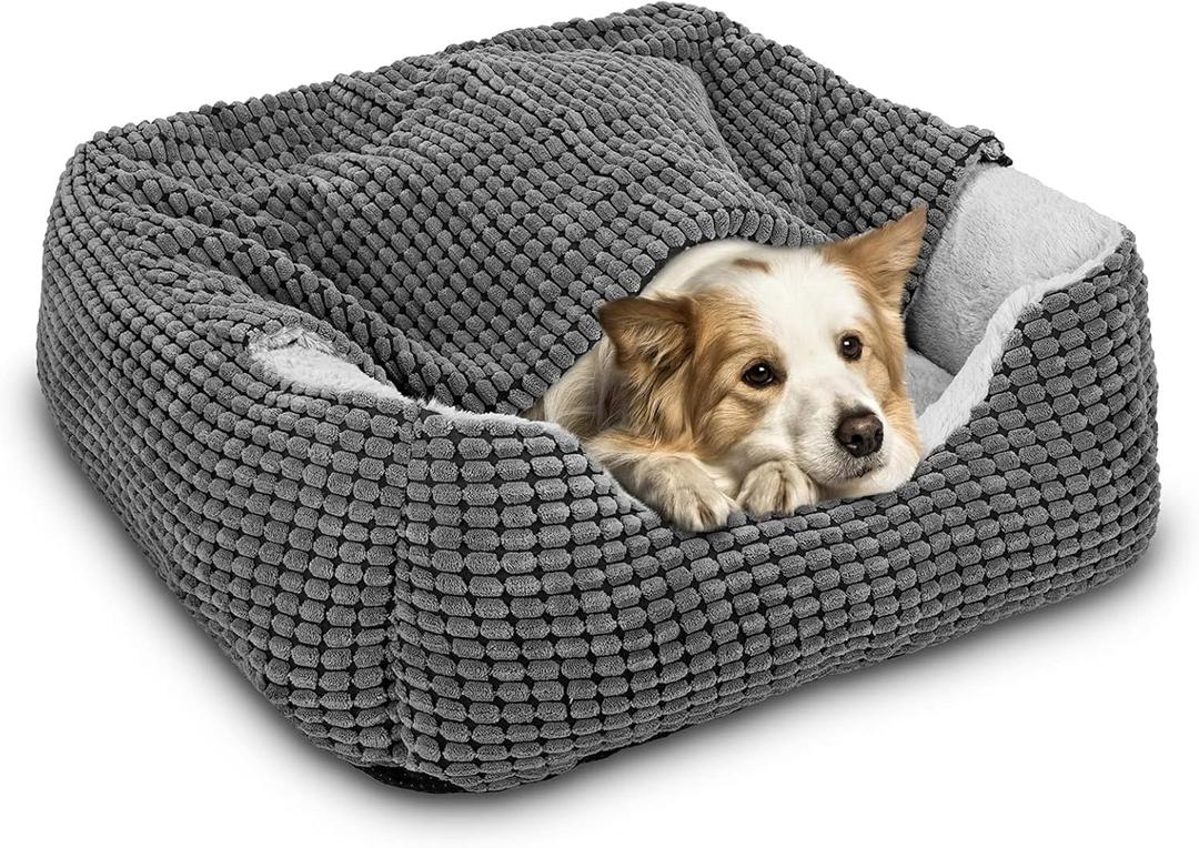 GASUR Dog Beds for Small Dogs with Cover Cave, Cat Beds for Indoor Cats, Rectangle Hooded Dog Puppy Bed with Blanket, Cozy Anti-Anxiety, Anti-Slip Bottom and Machine Washable (20", Grey)