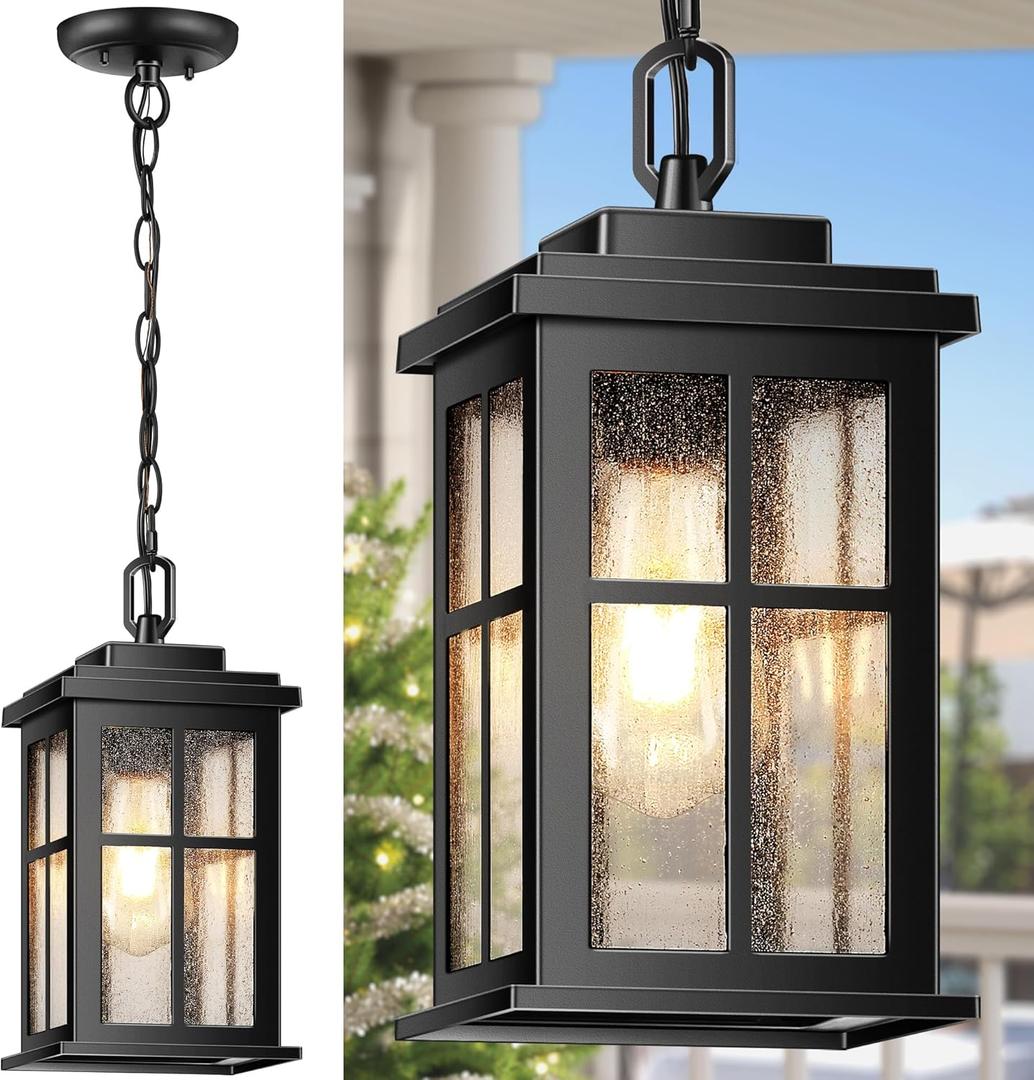 VIANIS Outdoor Pendant Lights for Porch, Matte Black Outdoor Hanging Lights with Adjustable Chain, Modern Waterproof Outside Chandelier for Front Door, Anti-Rust Exterior Ceiling Lanterns for Entryway (10 in - No Sensor)