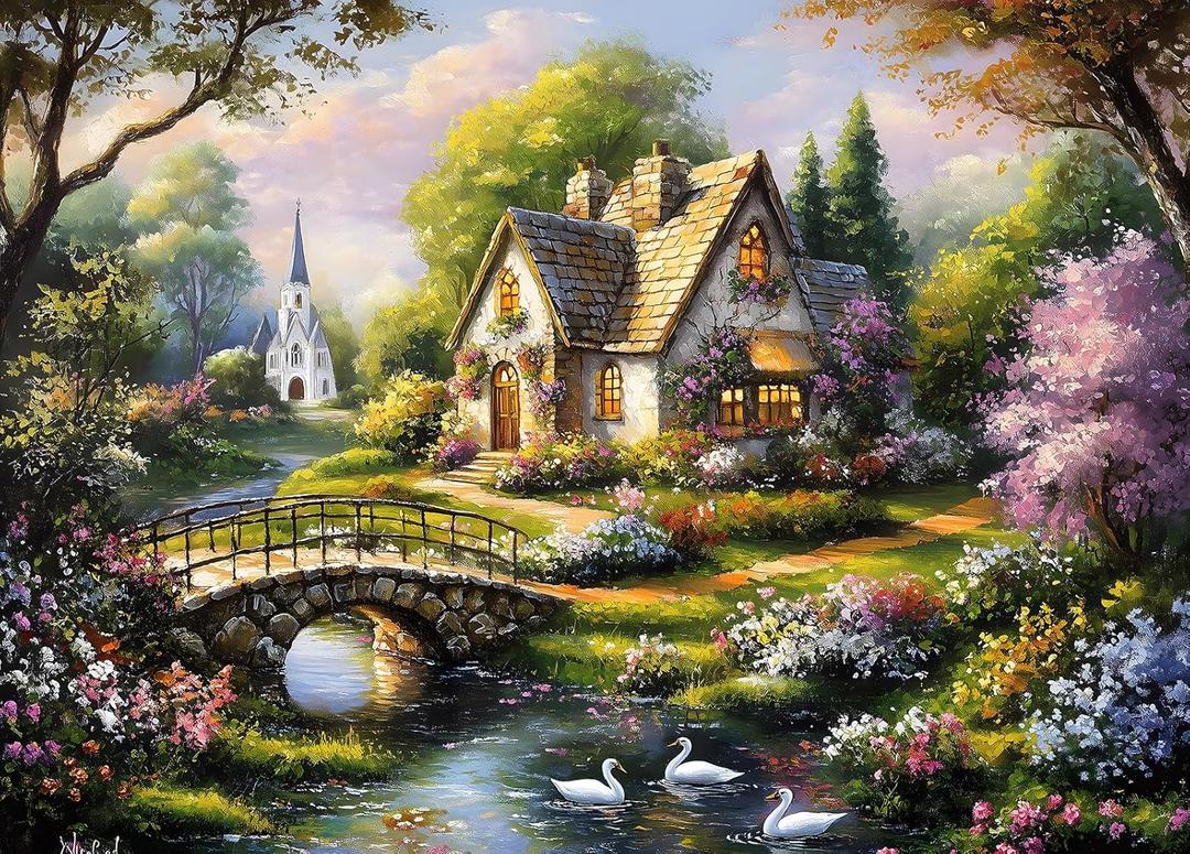Beautiful Cottage Jigsaw Puzzles 1000 Pieces for Adults Quaint Church 1000 Piece Jigsaw Puzzles for Adults