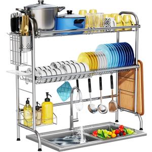 HOWDIA Stainless Steel 2-Tier Over The Sink Dish Drying Rack with Utensil Holder, Large, for Kitchen Counter (3 Tier,silver)