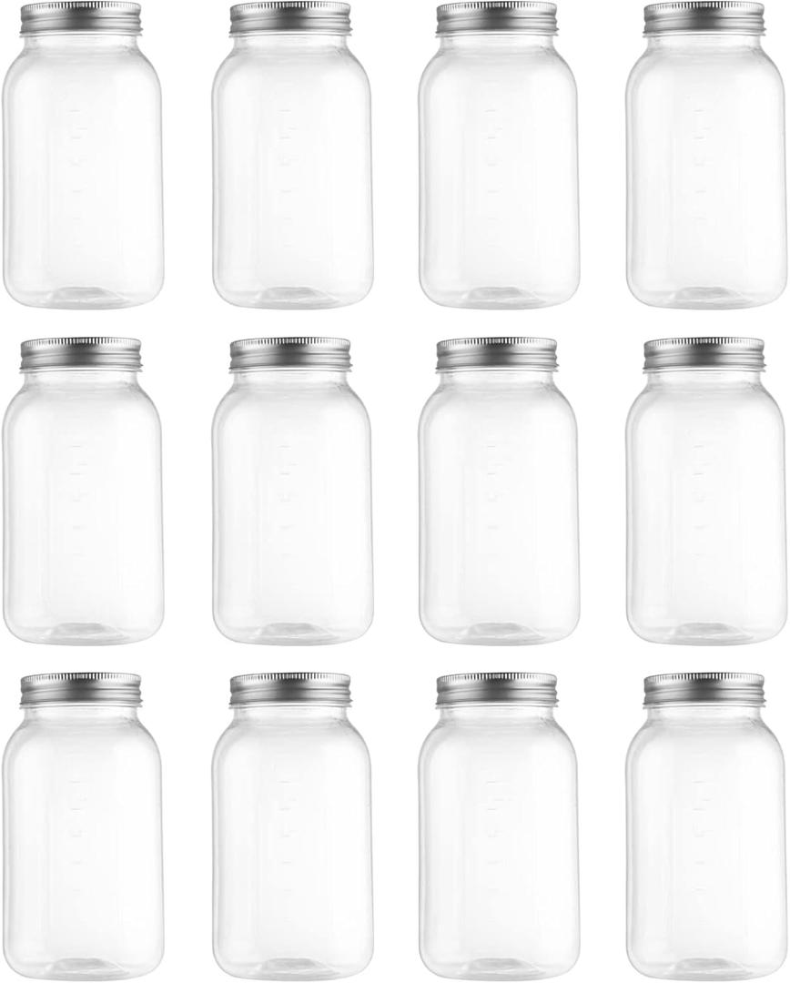 novelinks 32 OZ Clear Plastic Mason Jars with Lids - Dishwasher Safe Plastic Mason Jars 32 OZ Plastic Jars with Lids for Kitchen & Household Storage (12 Pack) (Silver)