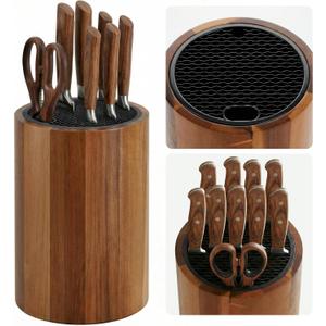 Ninonly Universal Knife Block Holder, Round Wooden Countertop Knife Block Without Knives, Acacia Wood Knife Storage for Kitchen Steak Knives, Scissors & Sharpening Rod