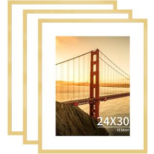 YESKAY 24x30 Picture Frame 3 Pack - Gold Poster Frame Display Pictures 18x24 with Mat or 24 x 30 Without Mat for Wall Hanging Horizontal and Vertical