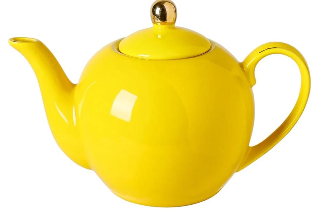 30oz Yellow Porcelain Teapot with a Speckled Glaze, Sunny Ceramic Teapot with Gold Trim for Loose Leaf and Blooming Tea, Tea Party Essential