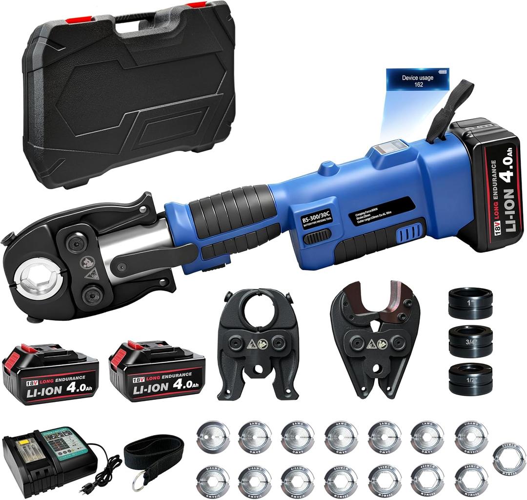 Multifunctional Electric Hydraulic Crimping Tool, 3 in 1, Cordless Pliers | 18V 60kN Pro Press Tools, Battery Cable Crimper + Copper Pipe Crimper + Cable Cutter, 2 Batteries, Fast Charger, 18 Dies, BS-300C