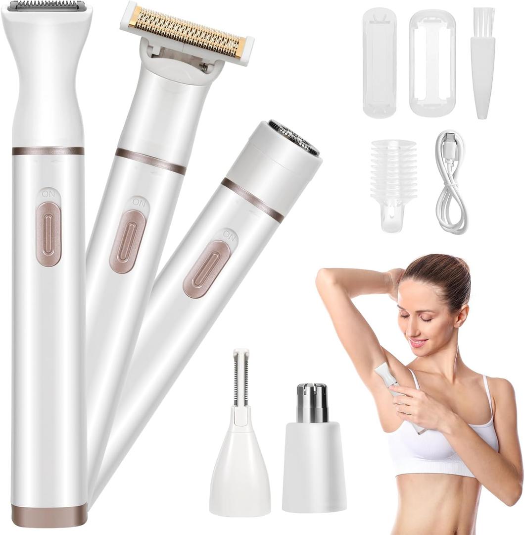 Ladies Body Hair Groomer,Women's Electric 5 in 1 Dry & Wet Cordless Waterproof Facial Removal Painless Gentle Grooming Bikini Trimmers for Female White (White 3004)