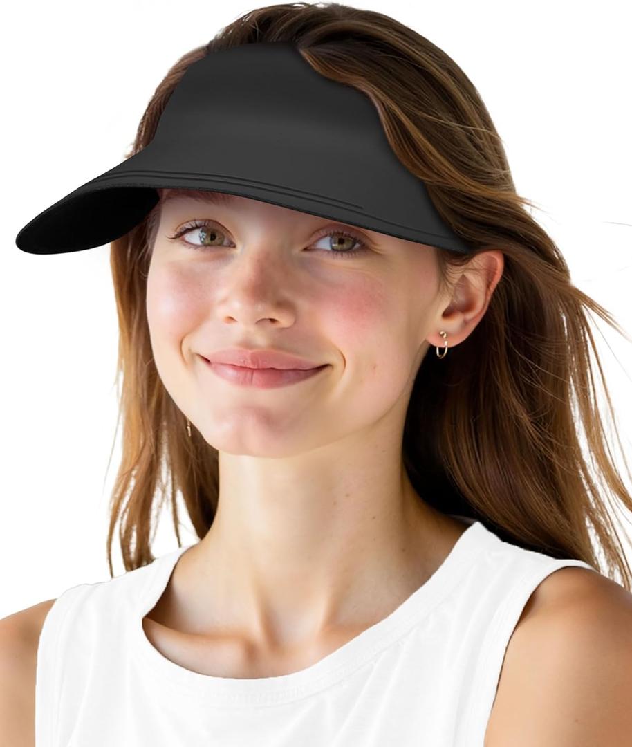 Sun Visors for Women Men, Oversize Wide Brim Beach Hats UPF 50+ Adjustable Ponytail Packable Sports Cap for Daily Outdoor Black