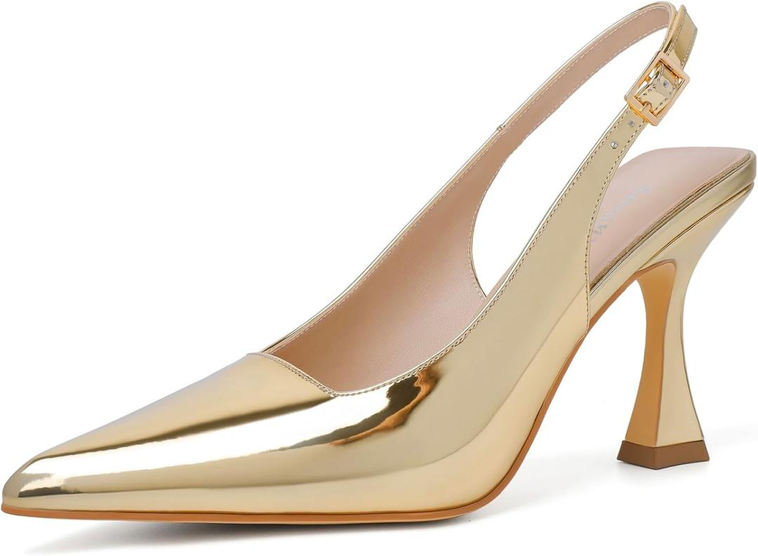 Susanny Slingback Kitten Heels Elegant Dressy Pumps for Women Closed Pointy Toe Sexy Chunky High Heels Wedding Bride Prom Party Dress Shoes (9, Gold)