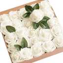 Ling's moment Artificial Flowers 25Pcs Ivory Roses Decor w/Stems, 3" Real Touch DIY Foam Floral for Wedding Bouquet/Centerpieces, Outdoors Party Backdrop, Room/Table, and Garden/Pot Decorations