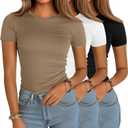 Ficerd 3 Pack Women's Slim Fit Shirts, Cotton T Shirts Crew Neck Short Sleeve Casual Raglan Tees Summer Basic Solid Tops 2025 (Medium, Black, White, Khaki)