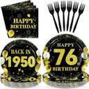 96Pcs 76th Birthday Decorations for Men Women Black Gold 76th Birthday Party Plates Back In 1950 Disposable 76 Paper Tableware Set for Happy 76 Year Old Party Supplies Serves 24