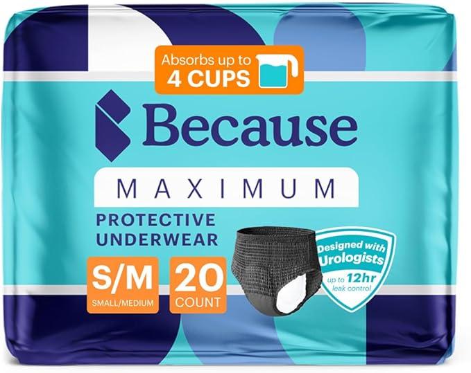 Because Premium Maximum Absorbency Adult Incontinence and Postpartum Bladder Leak Underwear for Women, Heavy Absorbency, Disposable, Black, Large, 40 Count (2 Packs of 20)