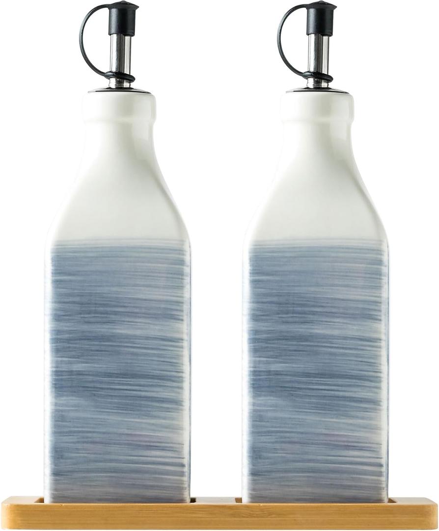 Ceramic Olive Oil Dispenser Bottle, Olive Oil Holder for Kitchen Cooking and Vinegar Dispenser Set with Tray & Pour Spout, 12oz/350ml (Gradient Purple)