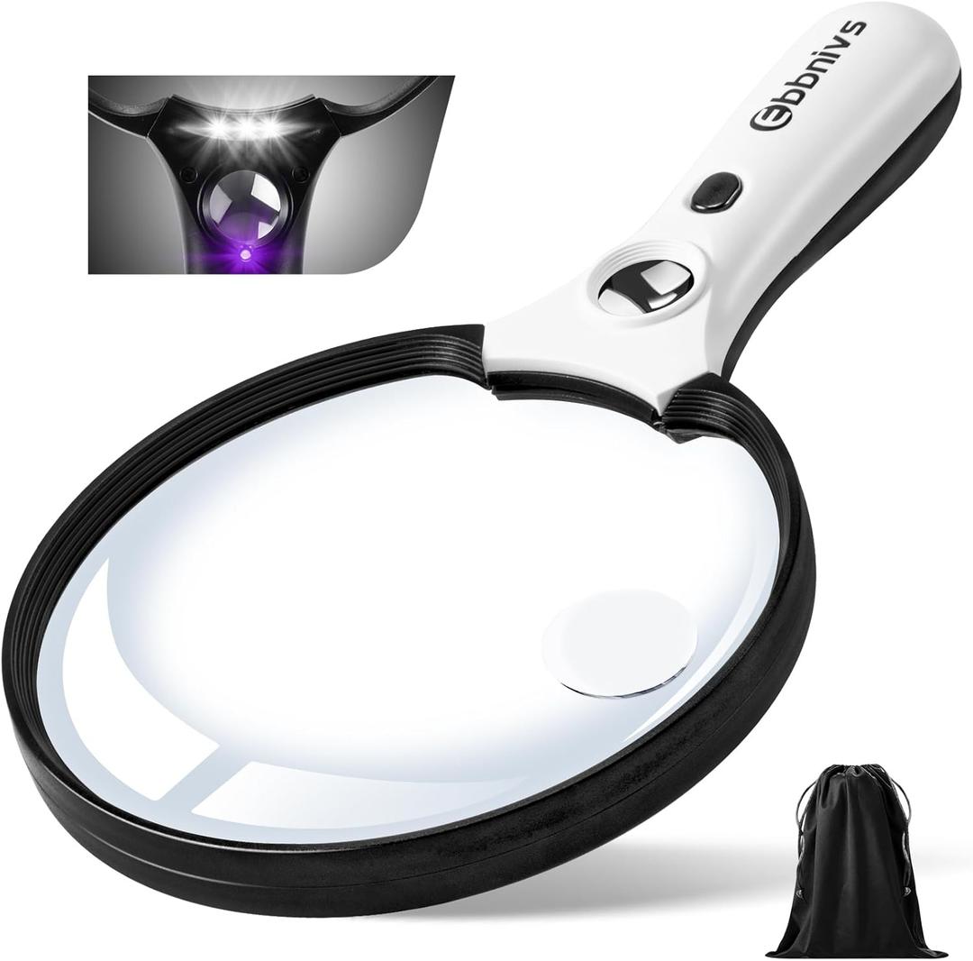 Large Magnifying Glass with Light, Magnifier Handheld Illuminated Lighted Magnifier with 3 LED Lights 1 UV Light Storage Bag Clean Cloth for Seniors Reading Inspection